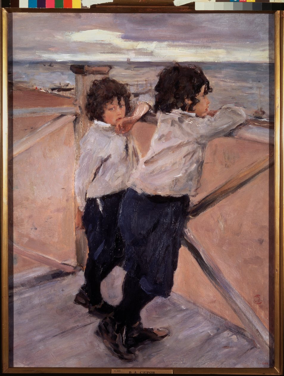 Lapset. (Kaksi veljestä, puisella ponttonilla, Itämeren edessä). Valentin Aleksandrovich Serovin (1865-1911) maalaus öljy kankaalle tekijältä Valentin Aleksandrovich Serov