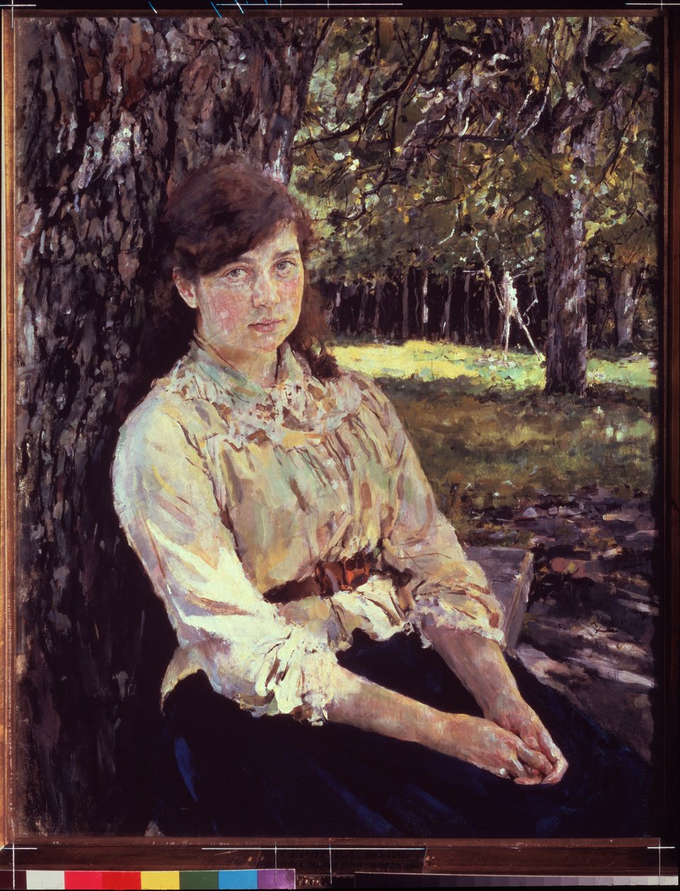 Nuori tyttö auringonvalossa. Maria Simonovichin muotokuva. Valentin Aleksandrovich Serov (1865-1911) maalaus, öljy kankaalle 1888. 1800-luvun venäläinen taide, jugend, modernismi. Valtion Tretjakovin galleria, Moskova. tekijältä Valentin Aleksandrovich Serov