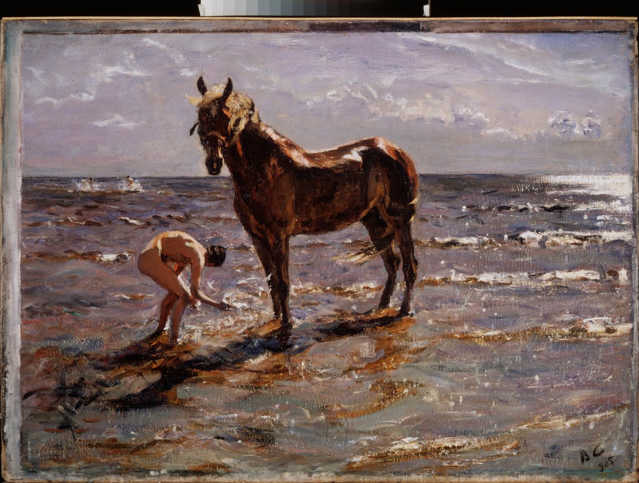 Hevosen kylpy. (Nuori alaston mies roiskuu hevosta, kaksi muuta hahmoa juoksee merelle). Valentin Aleksandrovich Serovin (1865-1911) maalaus öljy kankaalle tekijältä Valentin Aleksandrovich Serov