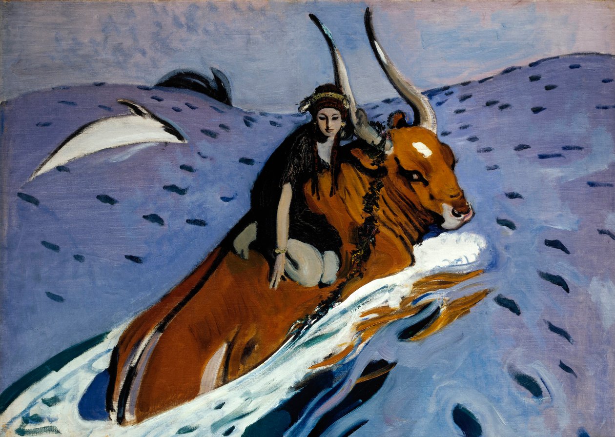Europan sieppaus. Kaunis foinikialainen prinsessa on Zeuksen selässä, muuttuneena häräksi, joka vie hänet mereen delfiinien ympäröimänä. Valentin Aleksandrovich Serovin (1865-1911) maalaus öljy kankaalle tekijältä Valentin Aleksandrovich Serov