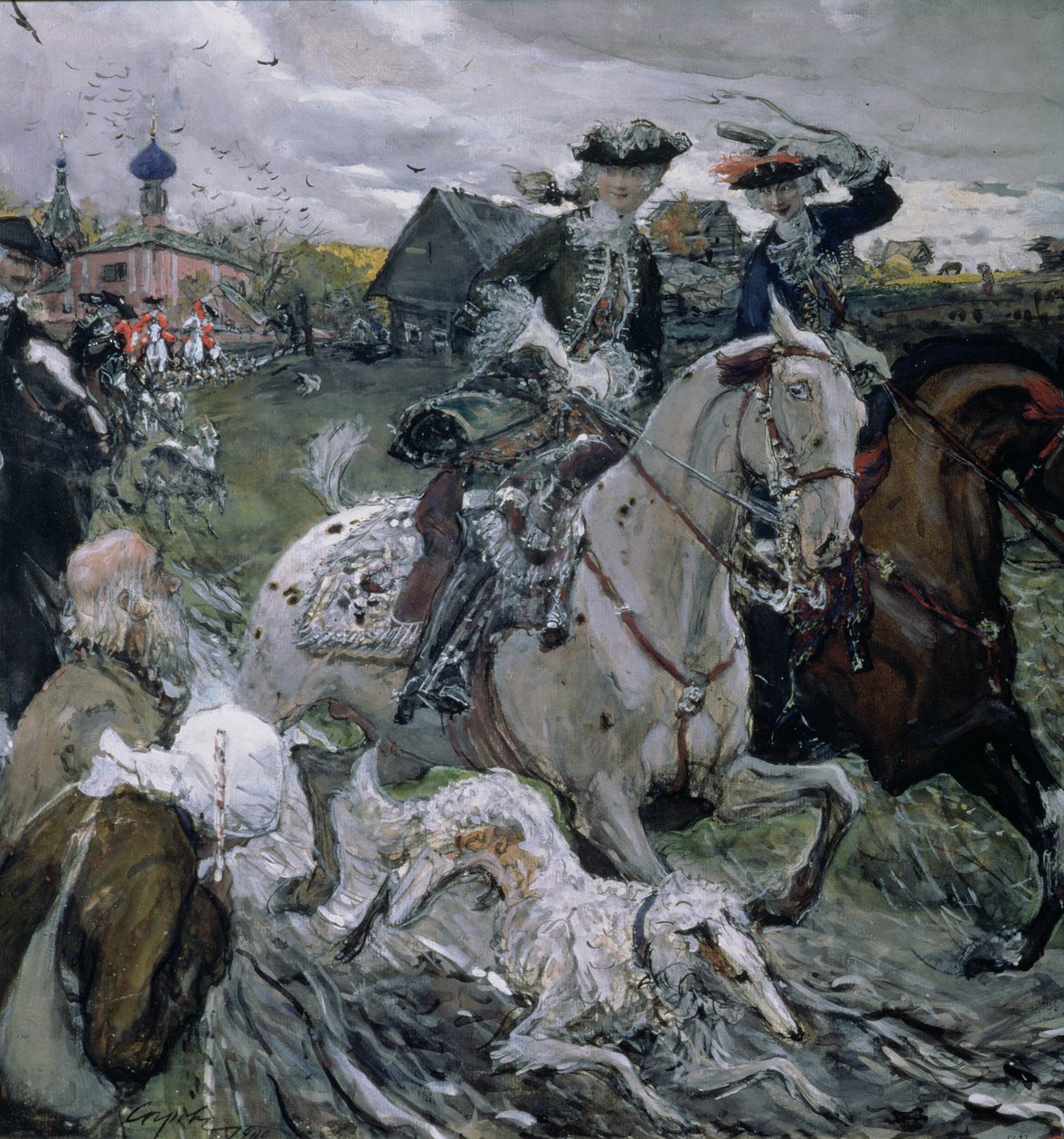 Pietari II (1715-30) ja Tsarevna Elisabet (1709-62) Metsästys, 1900 (tempera ja guassi paperilla) tekijältä Valentin Aleksandrovich Serov