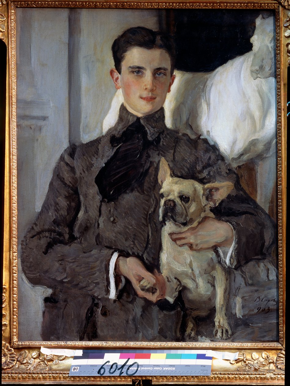 Prinssi Felix Youssoupoffin, kreivi Soumarokov Elstonin (1887-1967) muotokuva koiran kanssa. (Prinssi Felix Jusupovin muotokuva, kreivi Sumarokov Elston, koiran kanssa). Valentin Aleksandrovich Serovin (1865-1911) maalaus öljy kankaalle tekijältä Valentin Aleksandrovich Serov