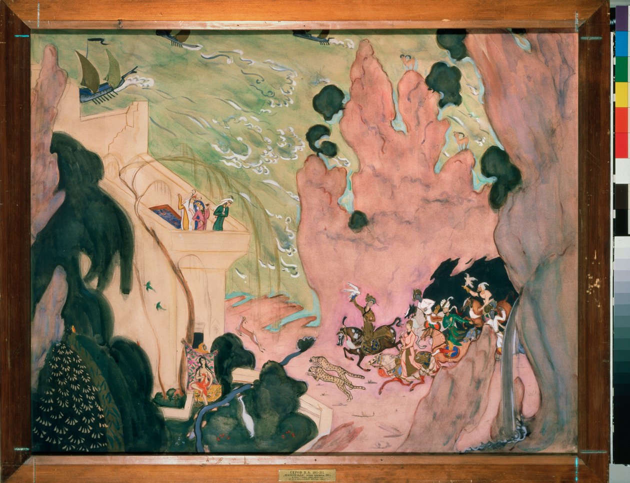 Nicholas (Nikolai) Rimski Korsakovin (Rimski-Korsakov) (1844-1908) baletin "Sheherazade" (Scheherazade) valmisteluverho. Valentin Aleksandrovich Serovin (1865-1911) työ, akvarelli ja guassi paperille tekijältä Valentin Aleksandrovich Serov