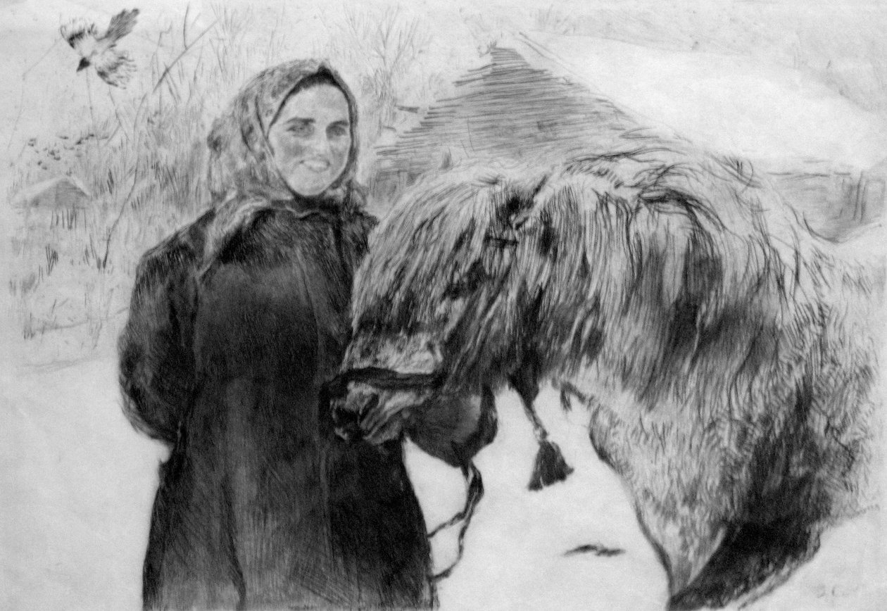 Serow nainen hevosen kanssa tekijältä Valentin Aleksandrovich Serov