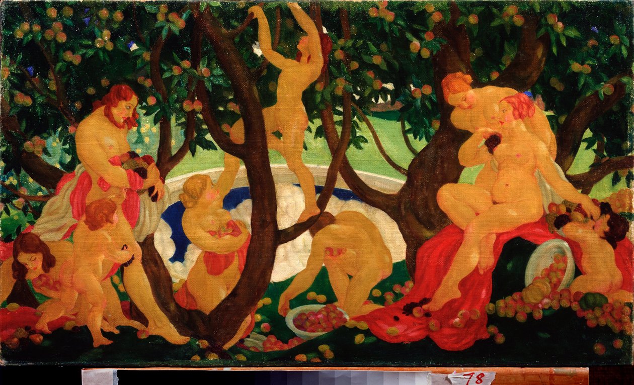 Sharing Apples (Gathering Apple) - Valentin Aleksandrovich Jakovlevin (1887-1919) maalaus, öljy kankaalle tekijältä Valentin Alexandrovich Yakovlev