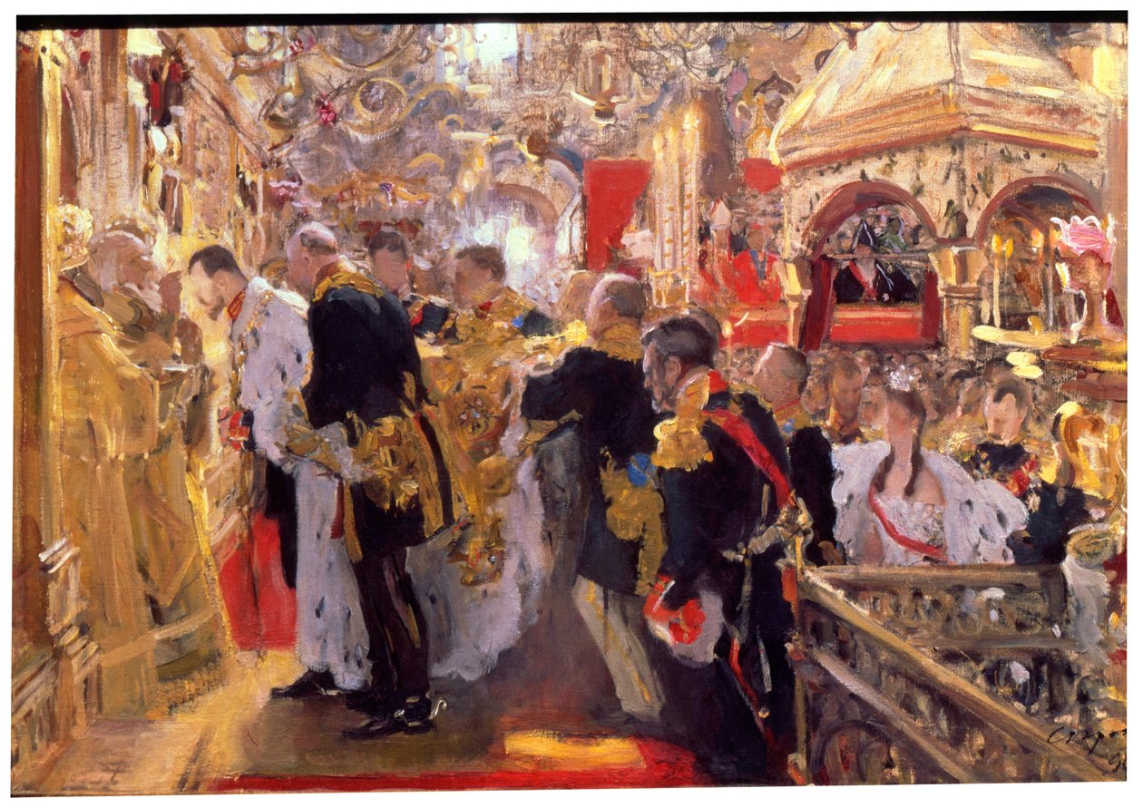 "Keisari Nikolai II:n kruunaus Neitsyt taivaaseenastumisen katedraalissa", 1896 tekijältä Valentin Serov