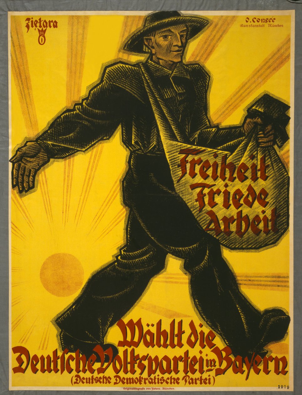 Freiheit, Friede, Arbeit, Wählt die Deutsche Volkspartei in Bayern, pub. München, 1919 tekijältä Valentin Zietara