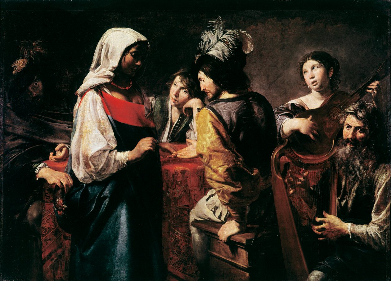 Jean Valentin de Boulognen (1594-1632) ennustajamaalaus, mitat 125 x 175 cm Pariisi, Louvre-museo tekijältä Valentin de Boulogne