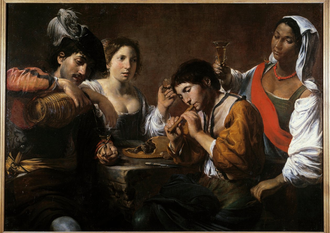 Tapaaminen kabareessa Valentin de Boulognen (1591-1632) maalaus 1600-luvun su. 0,96x1,33 m tekijältä Valentin de Boulogne