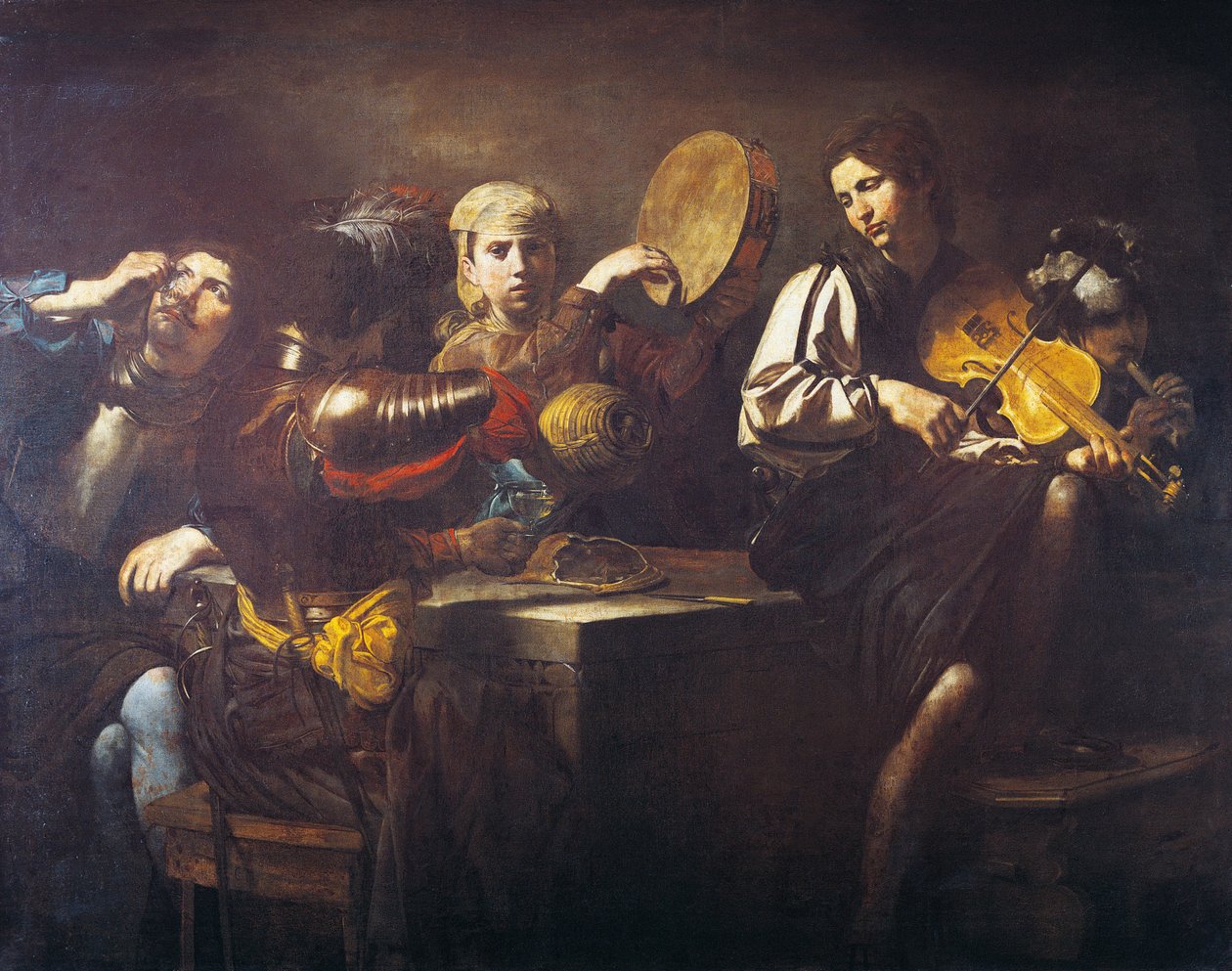 Muusikot ja sotilaat, noin 1626, kirjoittanut Valentin de Boulogne (1591-1632), öljy kankaalle tekijältä Valentin de Boulogne