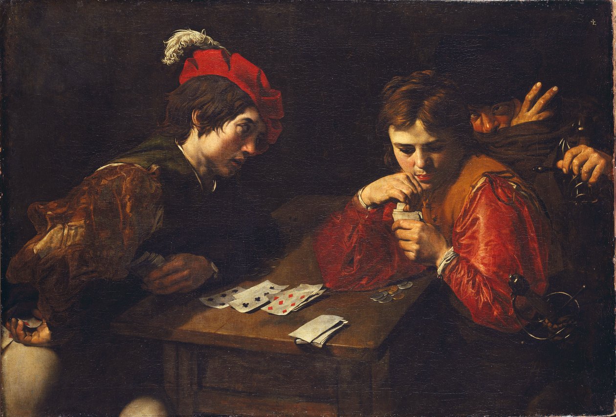 The Cardsharps, kirjoittanut Valentin de Boullogne (1591-1632). Öljy kankaalle, c. 1615. Mitat: 94,5x137 cm. Dresdenin osavaltion taidekokoelmat tekijältä Valentin de Boulogne