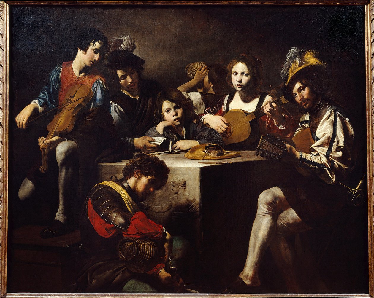 Matala helpotuskonsertti. Muusikot kokoontuivat veistetyn alttarin ympärille. Valentin de Boulognen (1591-1632) maalaus. Himmeä. 1,73 x 2,14 m. tekijältä Valentin de Boulogne