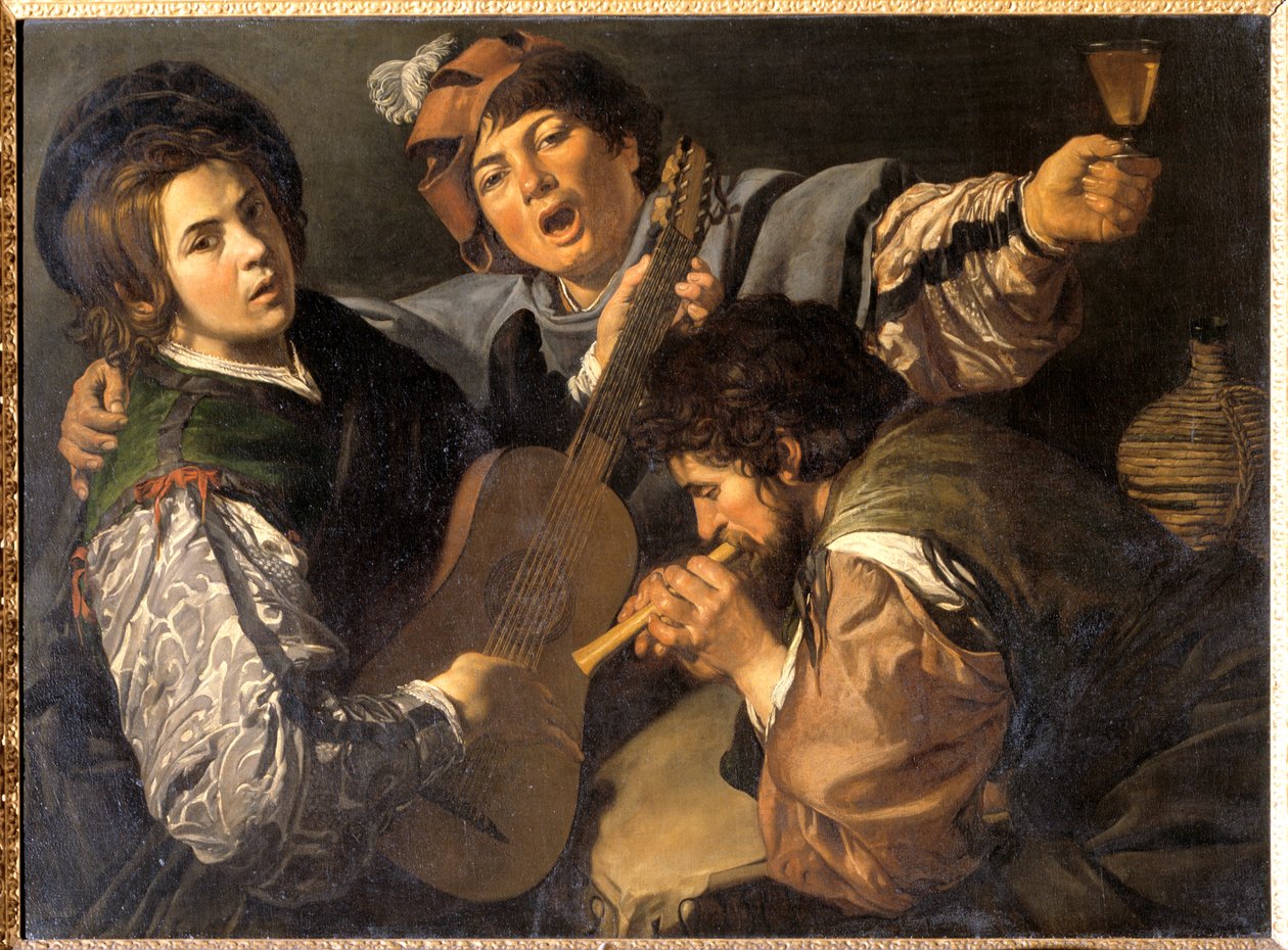 Kolme musiikkia tekevää miestä, n. 1616 (öljy kankaalle) tekijältä Valentin de Boulogne