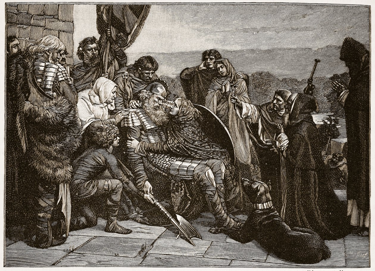Siwardin kuolema, kuvitus teoksesta "The Church of England: A History for the People", kirjoittanut H.D.M. Spence-Jones, pubi. n. 1910 (seepiavalokuva) tekijältä Valentine Cameron Prinsep