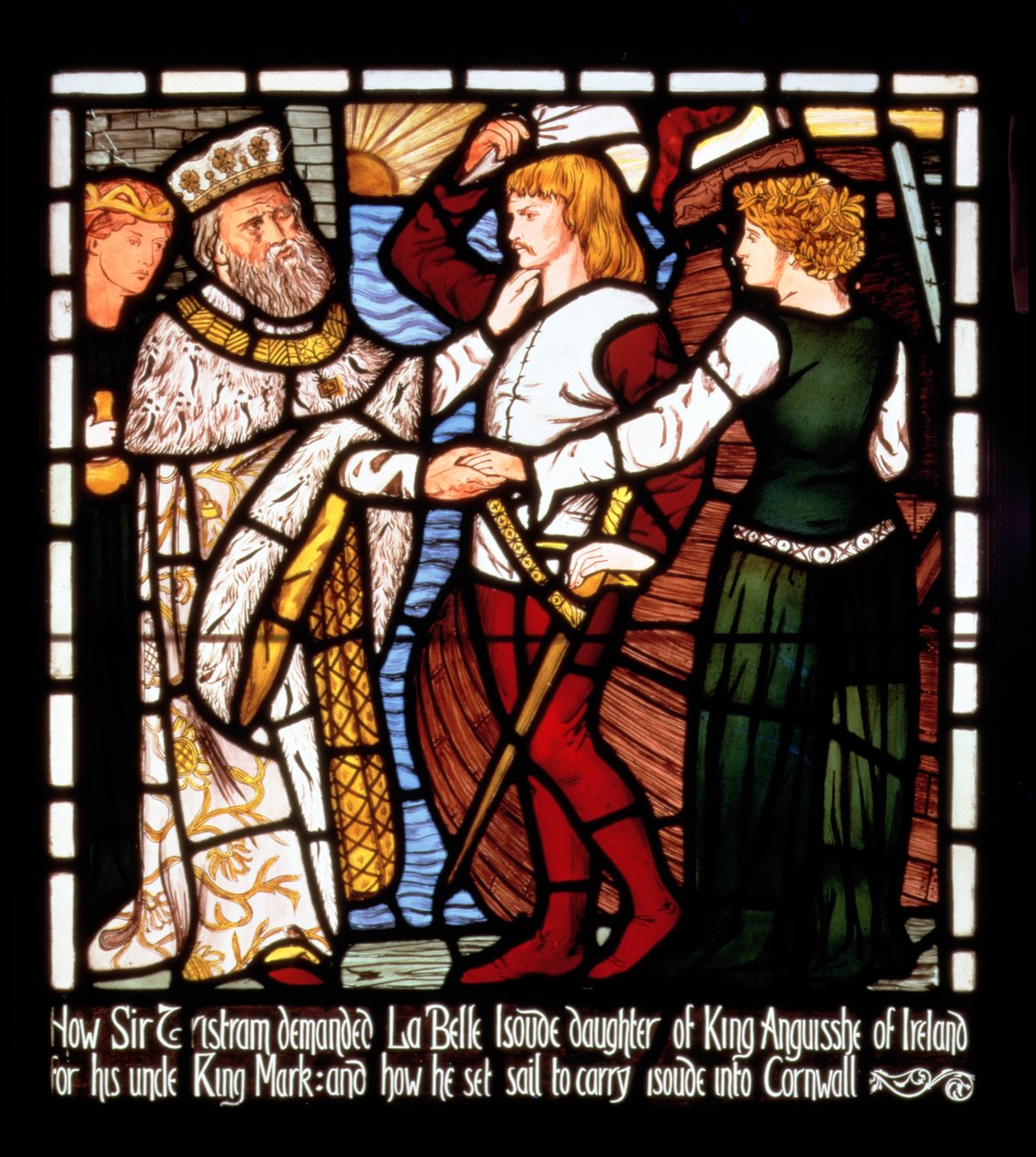 Sir Tristan lähtee Irlannista Isolde the Fairin kanssa, elokuvasta The Story of Tristan and Isolde, William Morris und Co. (lasimaalaus) tekijältä Valentine Cameron Prinsep