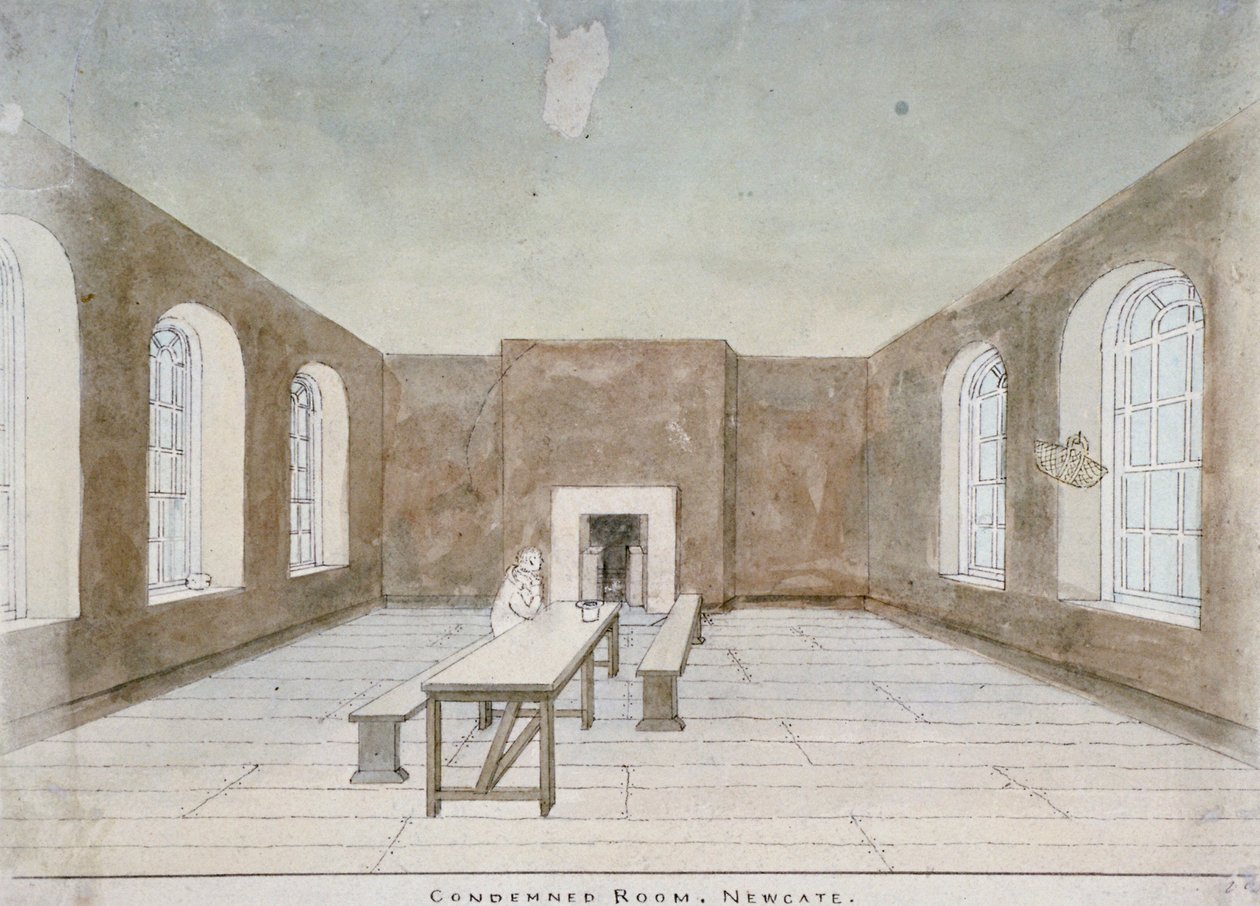 Tuomitun huoneen sisustus Newgaten vankilassa Old Baileyssä, Lontoon kaupungissa, 1810 tekijältä Valentine Davis