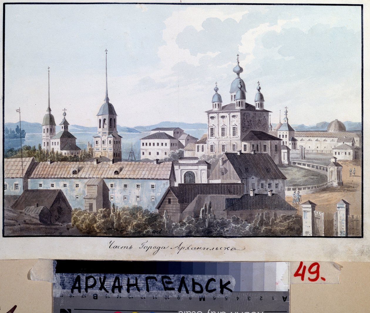 Näkymä Arkangelin kaupunkiin (Venäjä) (Näkymä Arkangelin kaupunkiin). Valeri Jemeljanovich Galyamin (1794-1855) työ, akvarelli paperille tekijältä Valeri Yemelyanovich Galyamin
