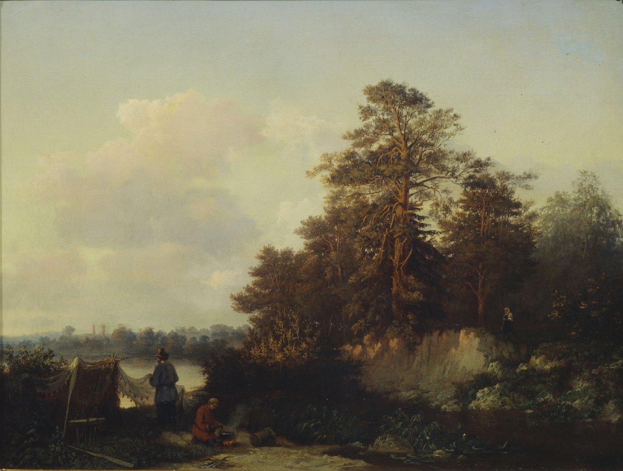 Maisema kalastajien kanssa, 1852 tekijältä Valerian Konstantinovich Kamenev