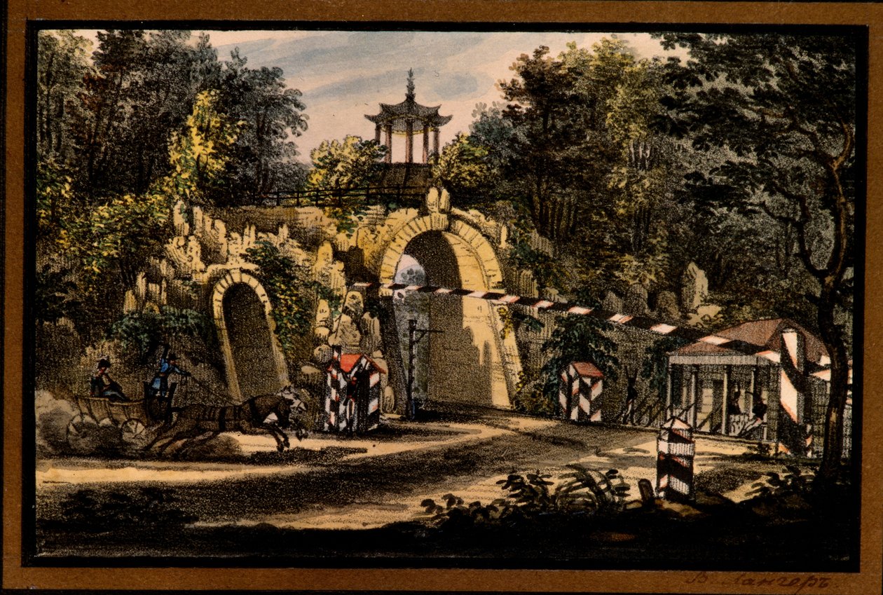 Valerian Platonovich Langer (1799-1870) ""Grand Caprice-paviljonki Tsarskoje Selon Katariina-puistossa"), litografia, akvarelli, n. 1820, Tsarskoje Selon valtion ulkoilmamuseo, Pietari Â tekijältä Valerian Platonovich Langer