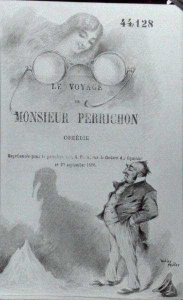 Eugene Labichen (1815-88) "Le Voyage de Monsieur Perrichon" -teoksen etusivu julkaistiin n. 1860-65 (akvarelli paperille) (m/v valokuva) tekijältä Valery Muller