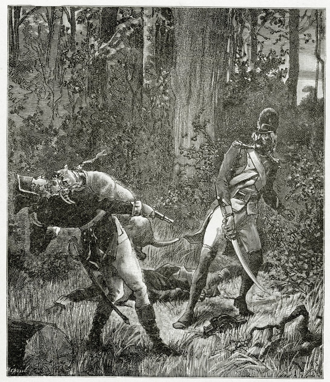 Rask koira tappaa englantilaisen sotilaan - kuvitus Bug-Jargalista, 1800-luvun bw-kaiverrus tekijältä Valnay Pere et fils