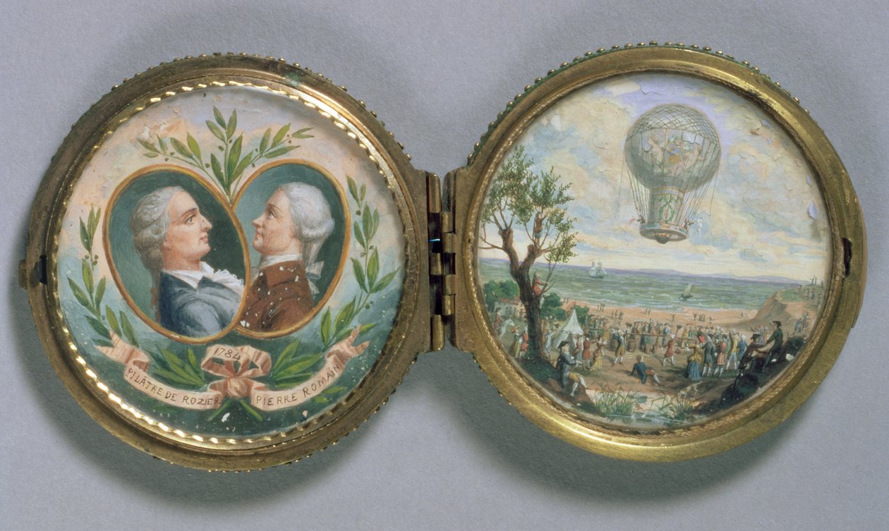 Miniatyyri J.F. Pilatresta ja Pierre Romainista kohtauksella heidän ilmapallon nousustaan, 1784 (guassi velumilla) tekijältä Van Blarenberghe