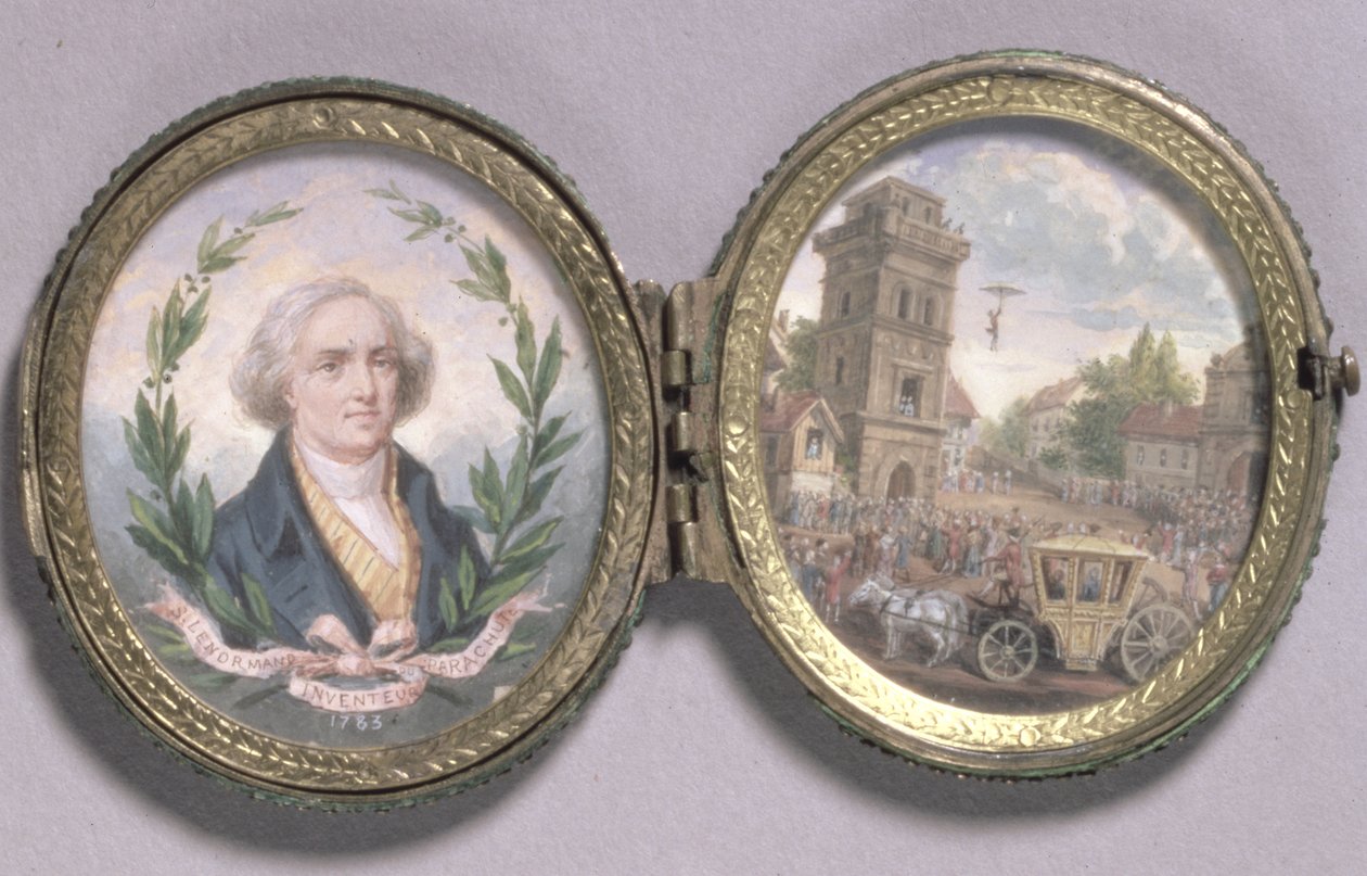 Pienoiskuva Louis-Sebastien Lenormandista kohtauksella hänen laskuvarjolaskeutumisestaan, 1783 (guassi velumilla) tekijältä Van Blarenberghe