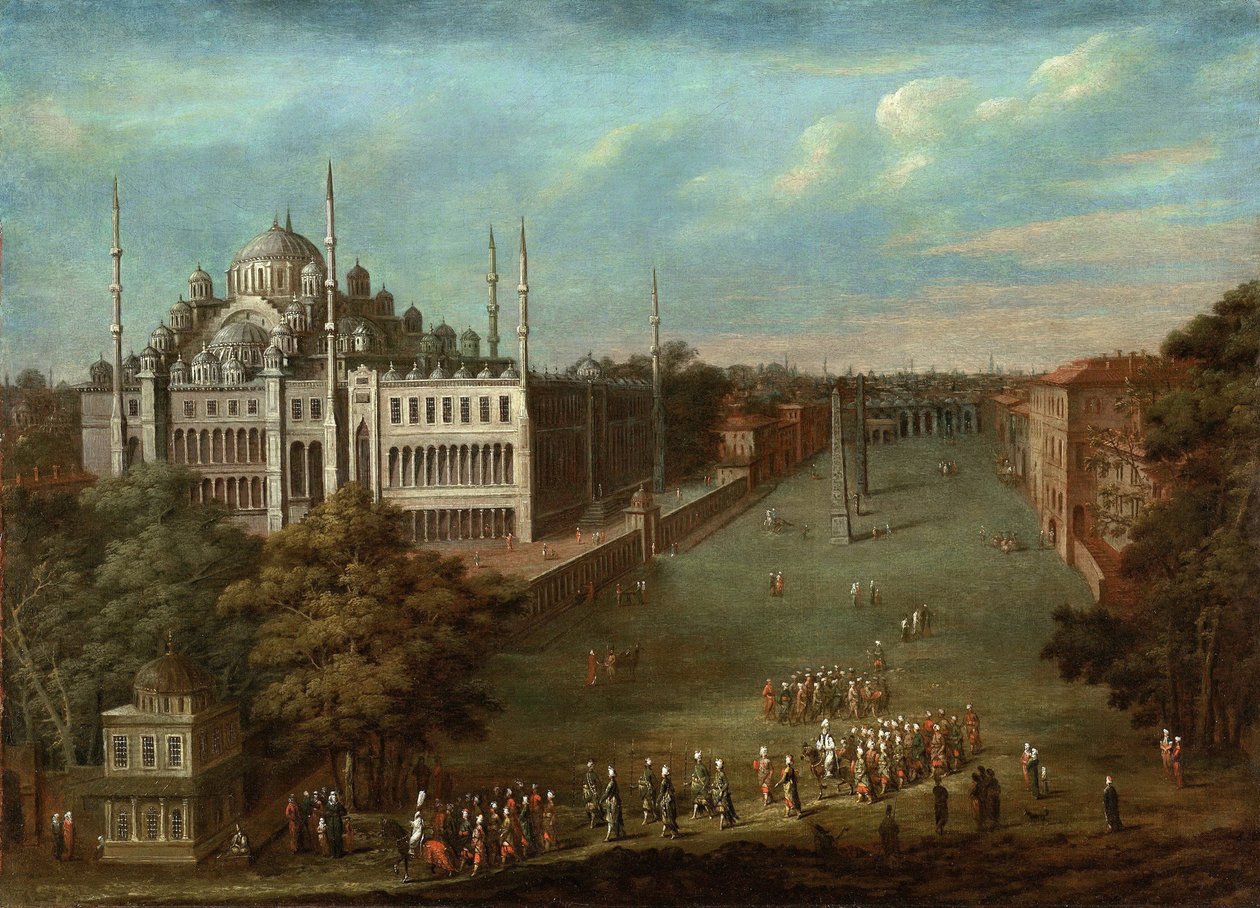 Suurvisiirin kulkue Hippodrome-aukiolla sulttaani Ahmedin moskeijan kanssa, 1737 tekijältä Vanmour
