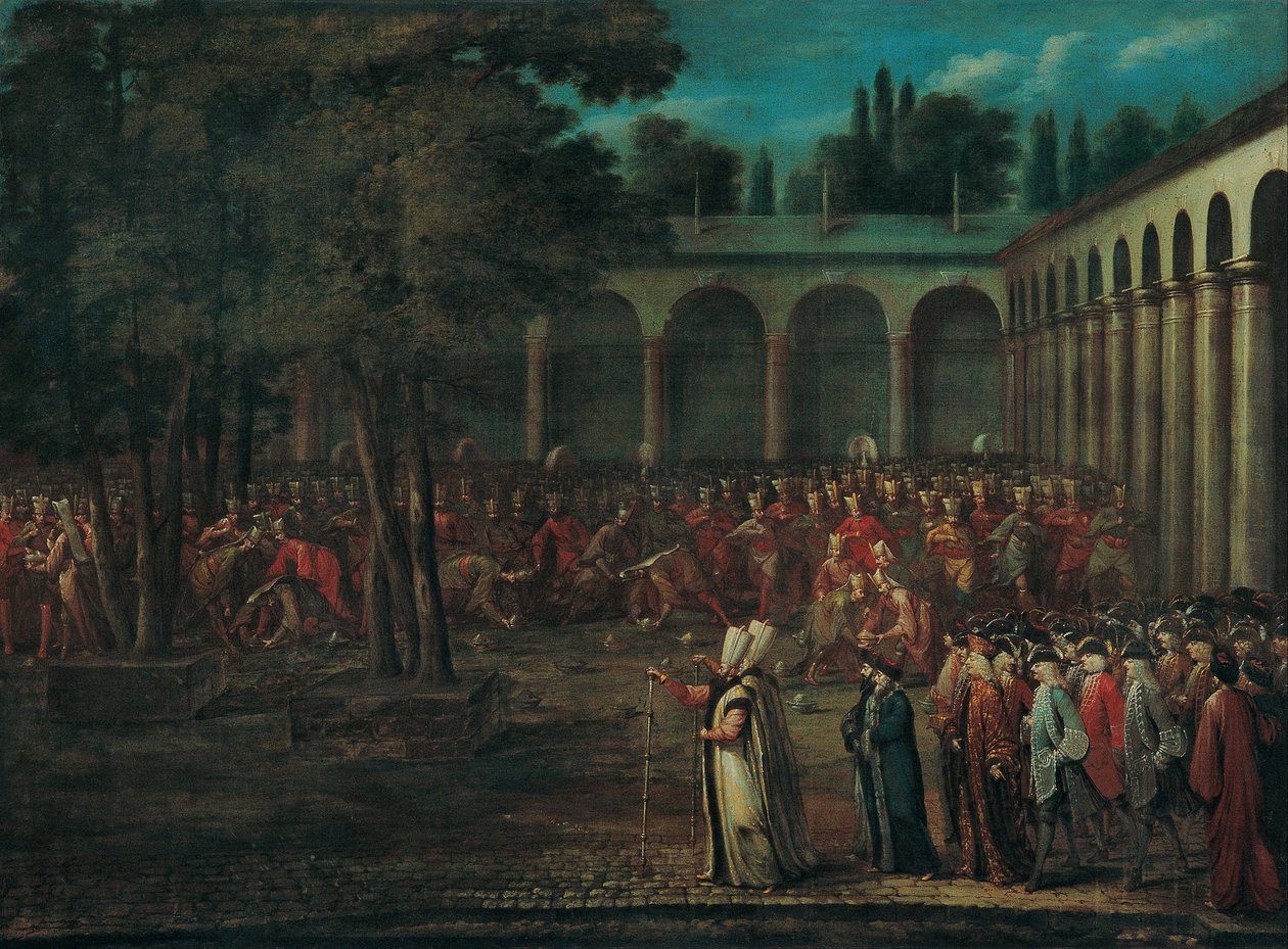 Suurlähettiläsvaltuuskunta, joka kulkee Topkapın palatsin toisen pihan läpi, 1720-luku tekijältä Vanmour