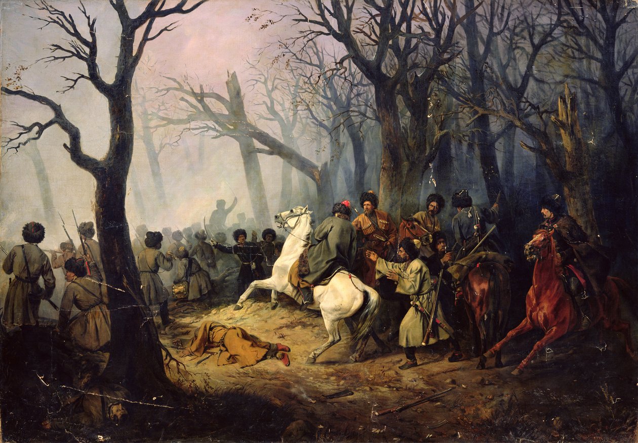 Kenraali Sleptsovin kuolema Kaukasuksella, 10. joulukuuta 1851 tekijältä Vasili Nikolayevich Maxutov