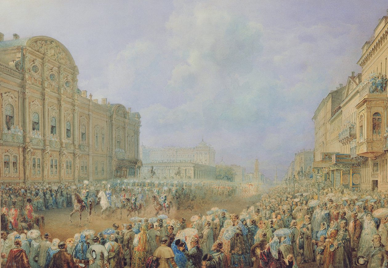 Sotilaskatsaus Nevski-kadulla Beloselsky-Belozersky-palatsissa, 1859 tekijältä Vasili Semenovich Sadovnikov