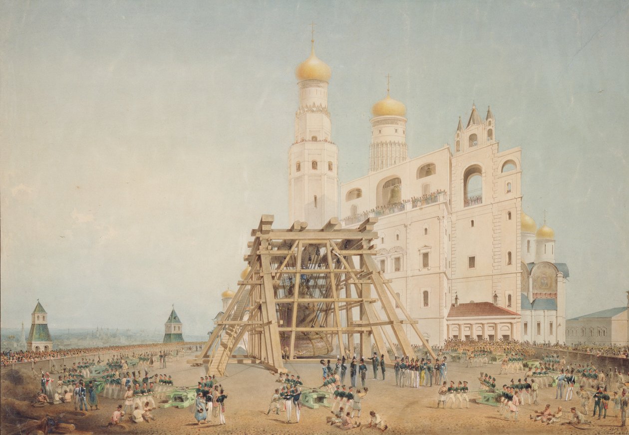 Tsaarin kellon nostaminen Moskovan Kremlissä 1836, 1839 tekijältä Vasili Semenovich Sadovnikov