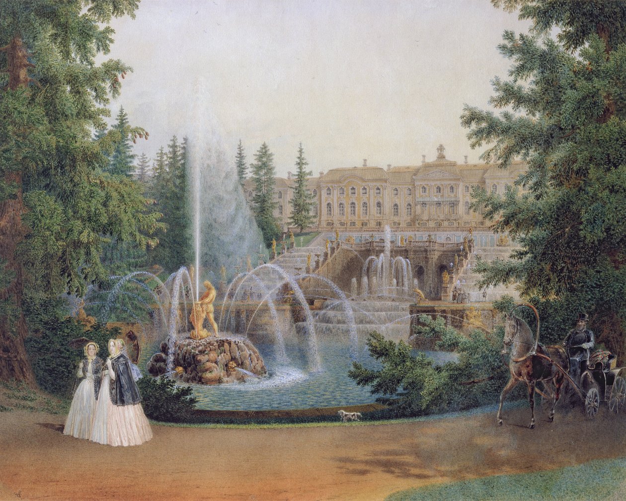 Näkymä Marly-kaskadille Pietarhovin palatsin alapuutarhasta, n. 1830-60 tekijältä Vasili Semenovich Sadovnikov