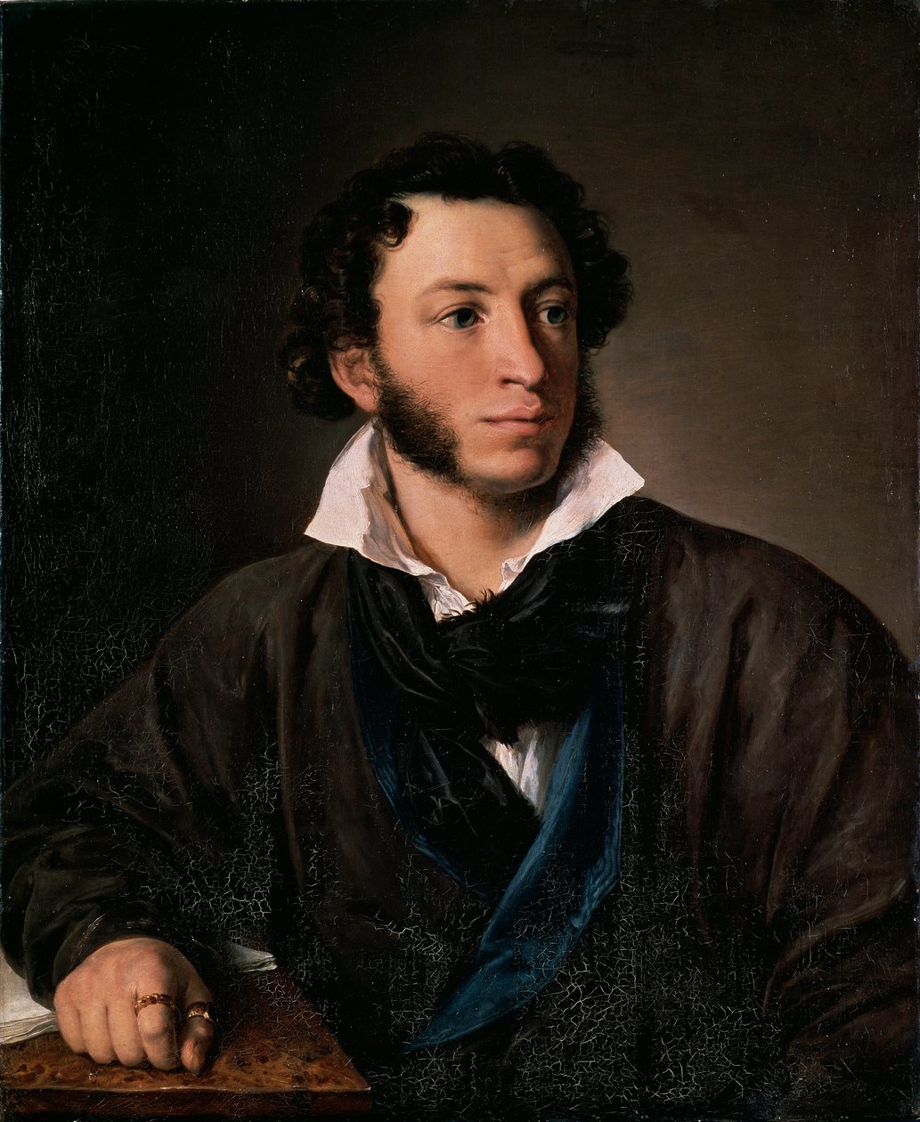 Kirjailija Aleksanteri Puškinin muotokuva (Kirjailija Aleksandr Puškinin muotokuva) - Vasili Andrejevitš Tropininin (Vassili Tropinin) maalaus (1776-1857), öljy kankaalle tekijältä Vasili Andreevich Tropinin