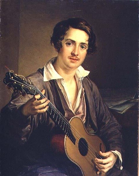Kitaristi: Virtuoosikitaristi Vladimir Ivanovitš Morkovin muotokuva (1803-64) 1839 (öljy kankaalle) tekijältä Vasili Andreevich Tropinin