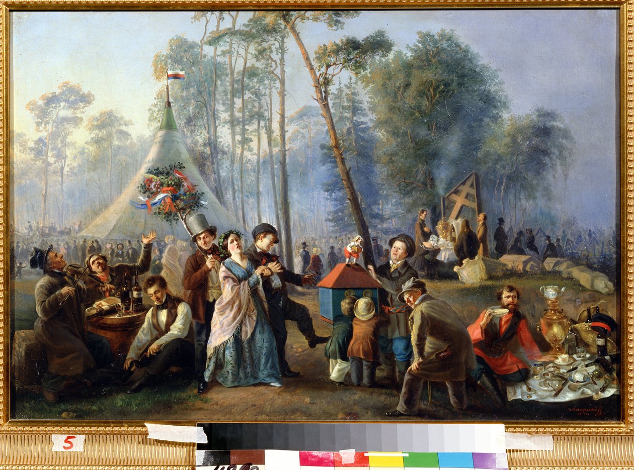 Distraction publique a Maryina Roshcha a Moscou (Julkinen ilonteko Maryina Roshchassa Moskovassa). Vasili Jegorovich Astrakhovin kuva (?-apres 1867). Huile sur toile, 49 x 73 cm tekijältä Vasili Egorovich Astrakhov
