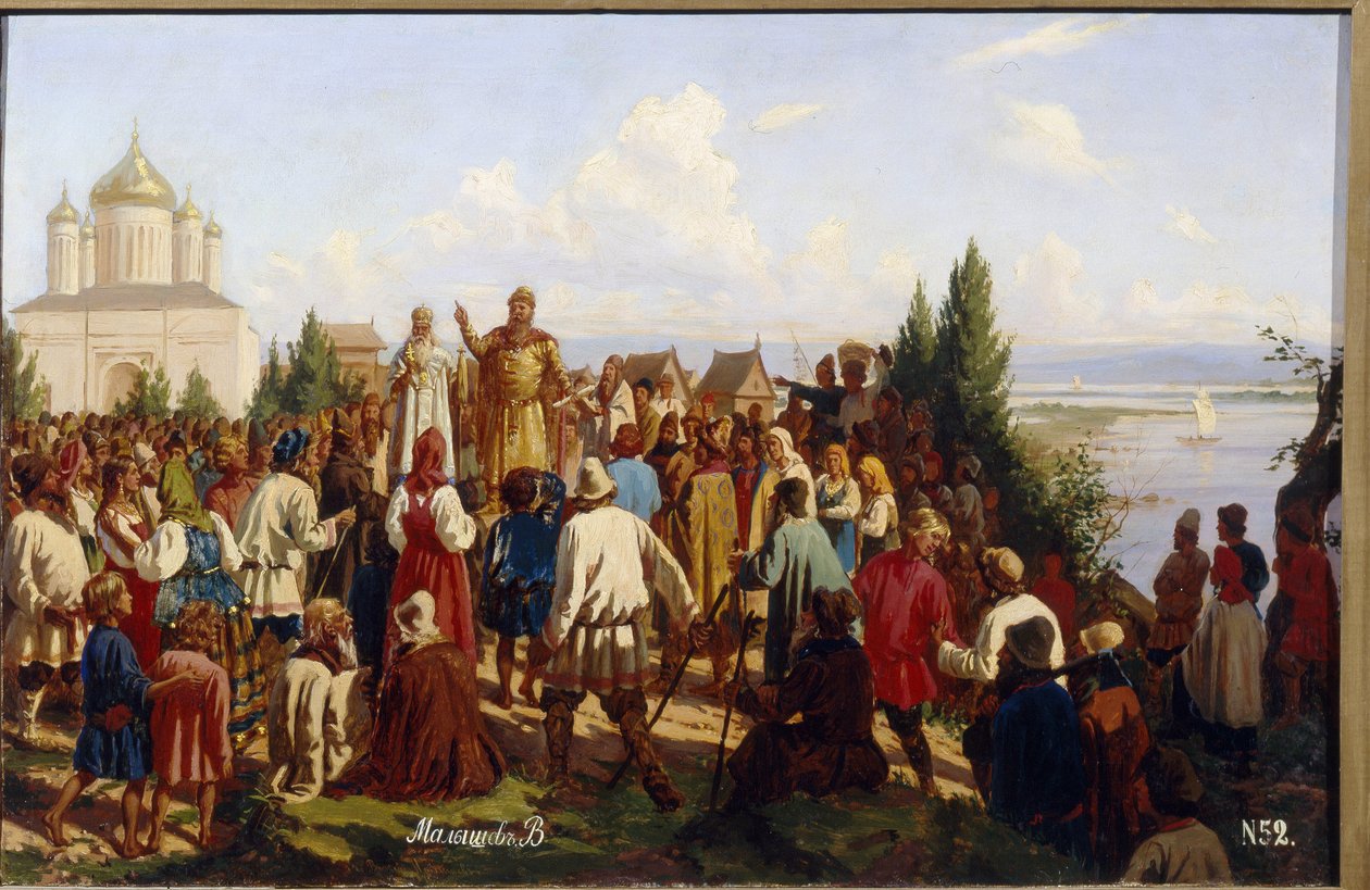 Novgorodin ja Kiovan suurruhtinas Jaroslav I Vladimirovitš, joka tunnetaan nimellä Viisas (978-1054), julkaisee ensimmäisen lain Russkaja Pravdan vuonna 1019. (Suurprinssi Jaroslav I Viisas julkaisee ensimmäisen lain Russkaja Pravdan vuonna 1019) . maalaus tekijältä Vasili Georgievich Malyschev
