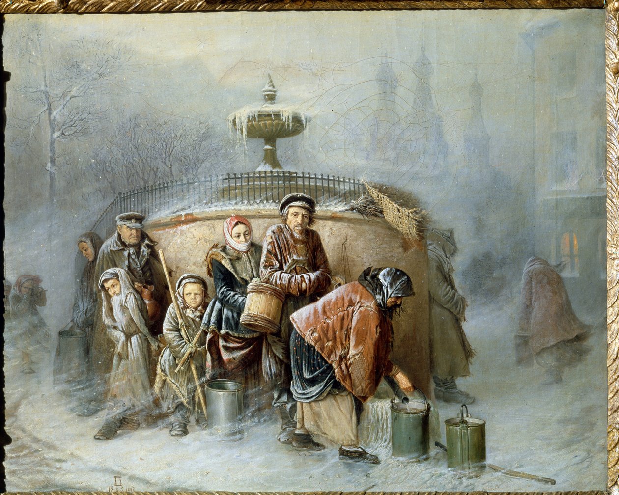 Jono suihkulähteellä. Keskitalvella kaupungin asukkaat odottavat vuoroaan kylmässä tuulessa ja sumussa täyttääkseen ämpärinsä juomavedellä. Vasili (Vasili) Grigorjevitš Perovin (1834-1882) maalaus, öljy tekijältä Vasili Grigorevich Perov