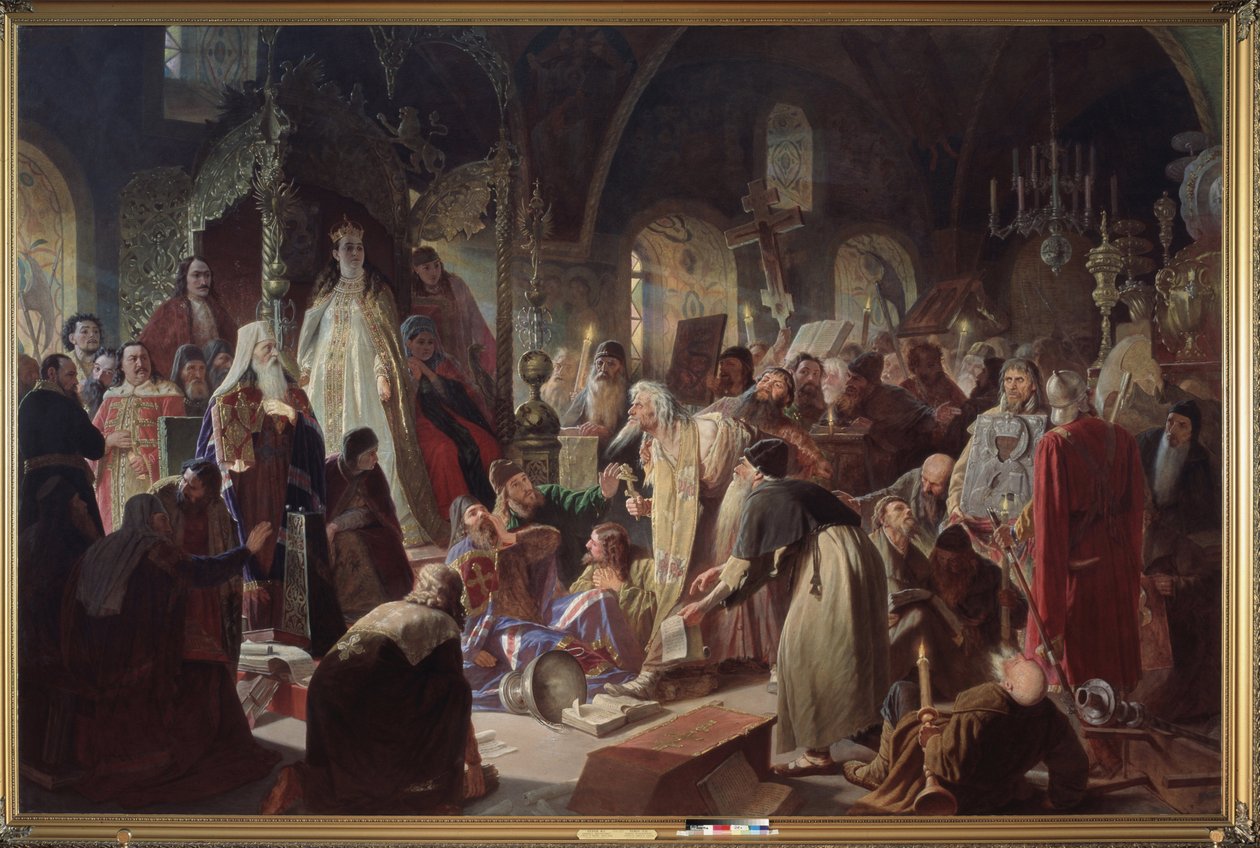 Vanhauskoinen (vanhauskoinen) paavi Nikita Poustosviat (tai Nikita Dimitriovich Dobrynine, kuoli vuonna 1683) keskusteli Moskovan patriarkan Joachimin (1620-1690) kanssa uskokysymyksestä valtionhoitaja Sofia Alekseijevna Romanovan ( 1657-1704 tekijältä Vasili Grigorevich Perov