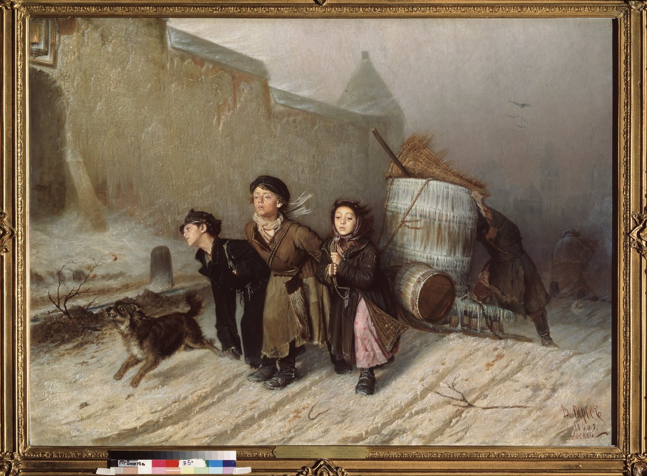 Troika (reki). Opiskelijat hakemassa vettä. (Katu talvella). Vasili (Vasili) Grigorjevitš Perovin (1834-1882) maalaus, öljy kankaalle tekijältä Vasili Grigorevich Perov