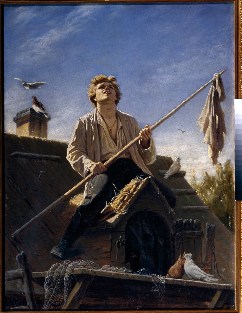 Kyyhkysmies (kyyhkysmies). Vasily (Vasily) Grigorjevitš Perovin (1834-1882) maalaus öljy kankaalle tekijältä Vasili Grigorevich Perov