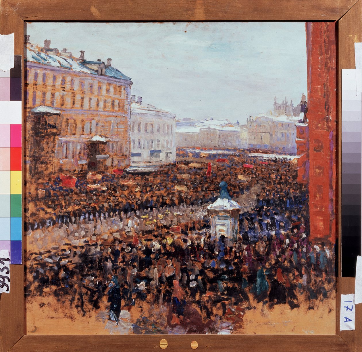 Vallankumouksellinen mielenosoitus Moskovassa vuonna 1917. Bolshevikkiproletaarisen vallankumouksen jakso Venäjän pääkaupungin kaduilla. Vasili Nikitich Meshkov (Vassili Meshkov) maalaus (1868-1946), öljy tekijältä Vasili Meschkov