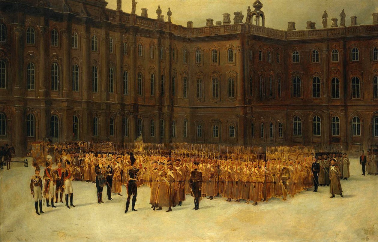 kapina decembriste ou Insurrection decabriste (1825) - Nikolai I ennen Henkivartiosten kenttäinsinööripataljoonan yksikkömuodostusta Talvipalatsin hovissa 14. joulukuuta par Maxutov, Vasili Nikolajevitš (1826-1886). Öljy kankaalle, koko tekijältä Vasili Nikolayevich Maxutov