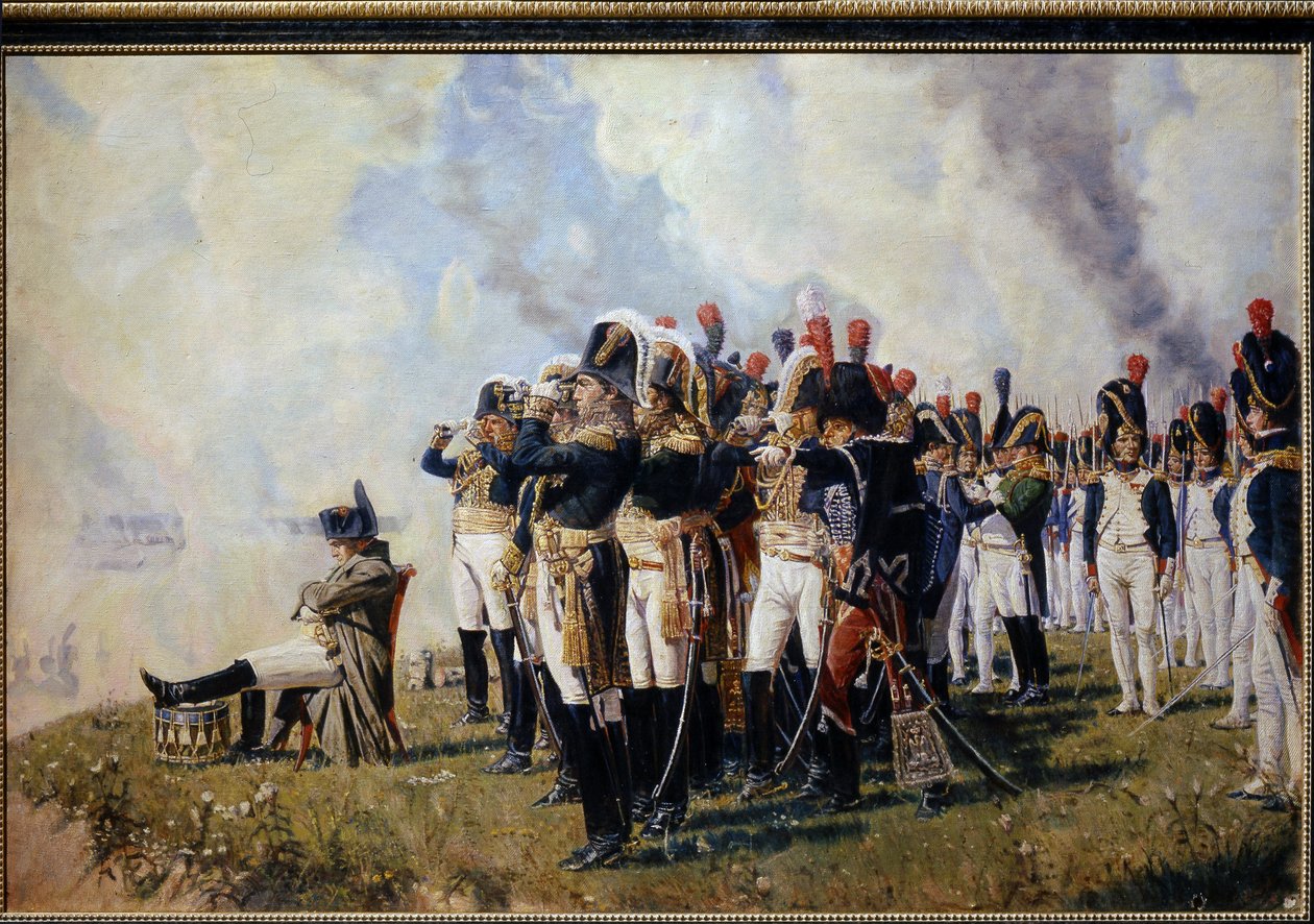 Napoleon Bonaparte (1769-1821) Borodinon kukkuloilla. (Napoleon Borodino Hightsissa). Moskva-taistelu (tai Borodinon taistelu, 7. syyskuuta 1812, Venäjän kampanjan aikana), Napoleon, istuva kädet ristissä, mietteliäs, kuvataan upseerien edessä tekijältä Vasili Petrovich Vereschagin