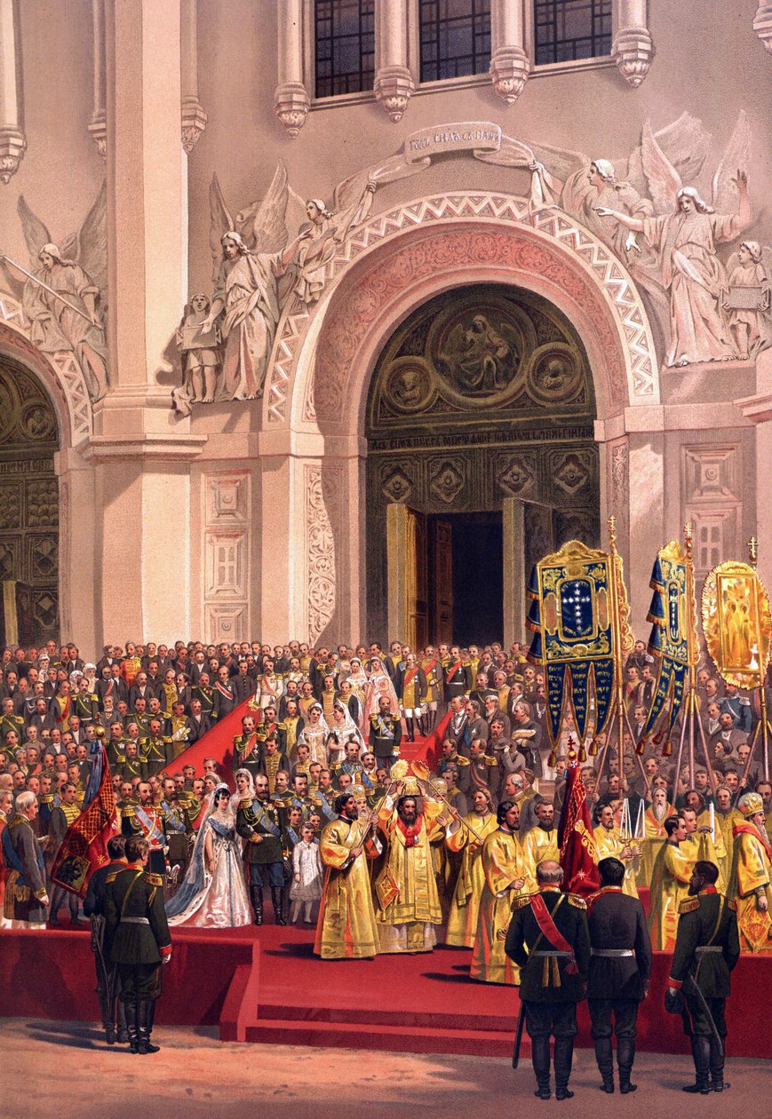Venäjän tsaari Aleksanteri III:n (1845-1894) ja keisarinna Maria Fedorovnan (Tanskan Dagmar) (1847-1928) kruunausalbumi - Vasili Petrovitšin (Petr.) Kristuksen Vapahtajan katedraalista lähtevä keisarillinen pariskunta tekijältä Vasili Petrovich Vereshchagin