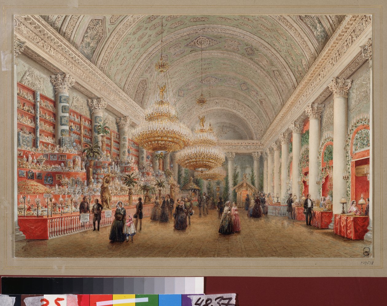 Hyväntekeväisyysbasaari Jusupovin palatsin juhlasalissa Pietarissa. Vasili Semjonovitš Sadovnikovin (1800-1879) teos, akvarelli paperille. venäläistä taidetta tekijältä Vasili Semenovich Sadovnikov