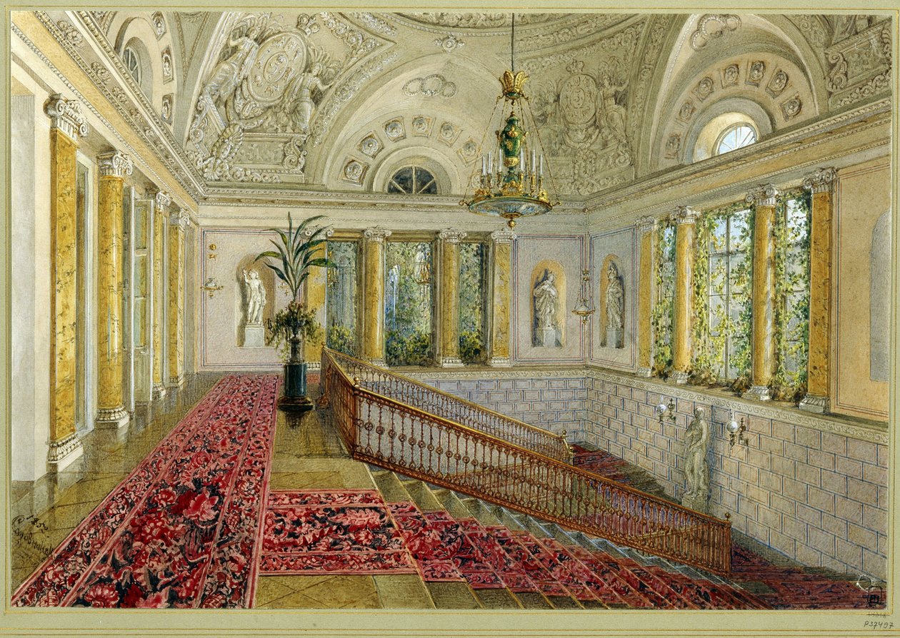 Portaikko palatsissa. Vasili Semjonovitš Sadovnikovin (1800-1879) työ, akvarelli paperille tekijältä Vasili Semenovich Sadovnikov