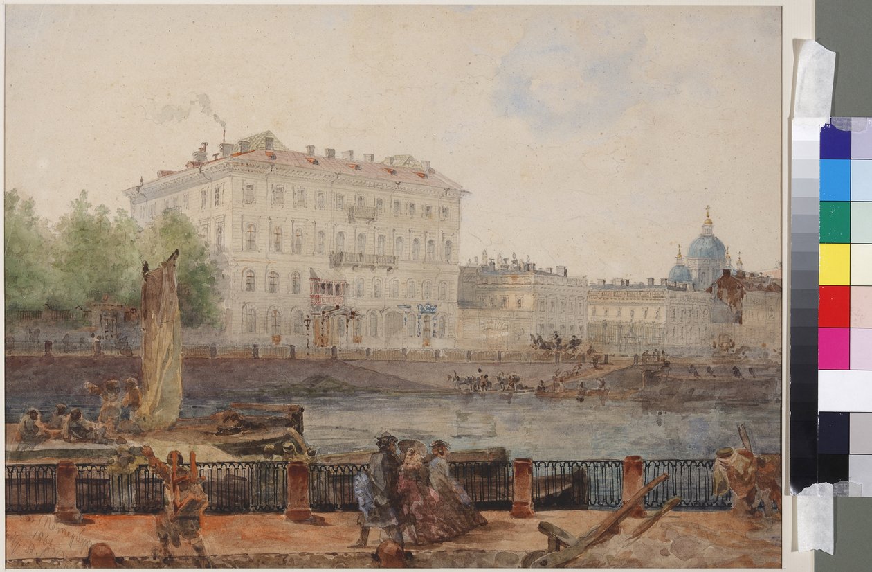 M.D. Tarasovan talo Fontankan rannalla, kirjoittanut Sadovnikov, Vasily Semjonovich (1800-1879). Akvarelli paperille tekijältä Vasili Semenovich Sadovnikov
