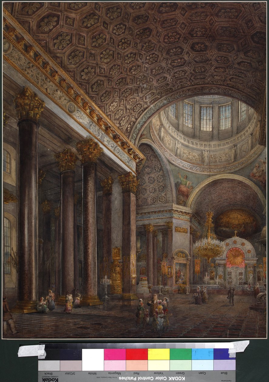 Sisäkuva Kazanin katedraalista Pietarissa, Sadovnikov, Vasily Semjonovich (1800-1879). Akvarelli paperille tekijältä Vasili Semenovich Sadovnikov