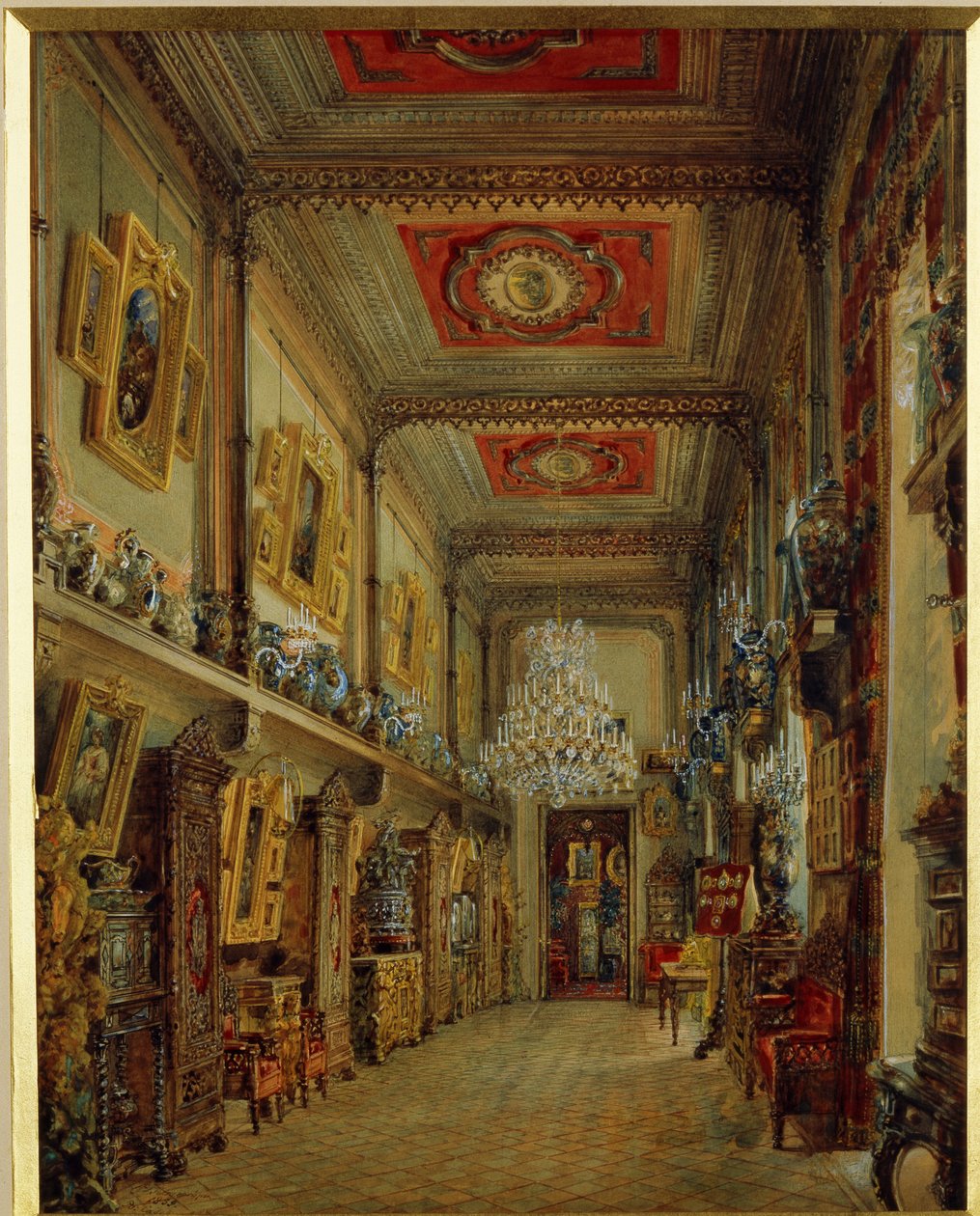 Jusupovin palatsin (Moika Palace) kirjasto Pietarissa. (Kirjasto Jusupovin palatsissa Pietarissa). Vasili Semjonovitš Sadovnikovin (1800-1879) työ, akvarelli paperille tekijältä Vasili Semenovich Sadovnikov